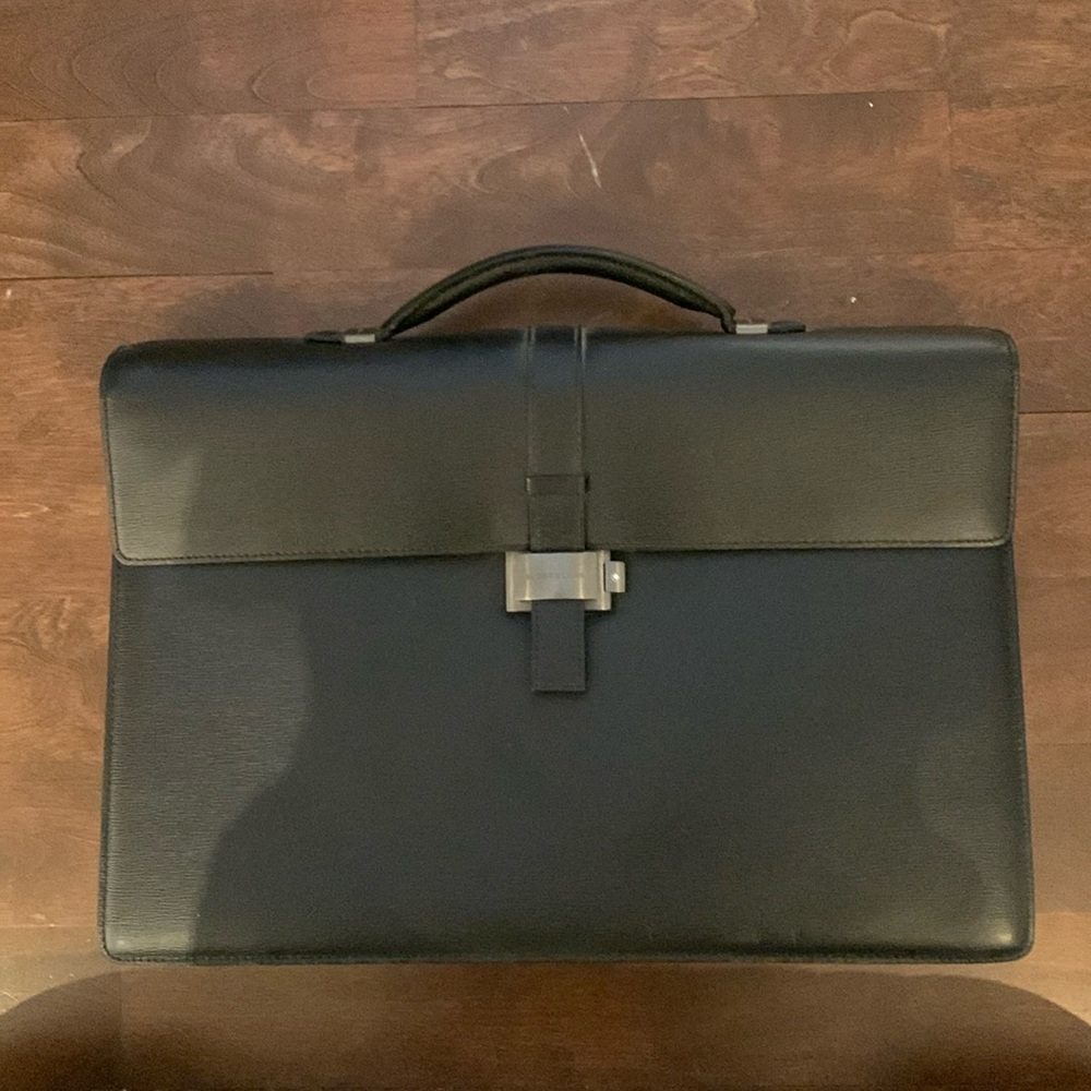 Montblanc leather briefcase with silver clasp and pockets inside
